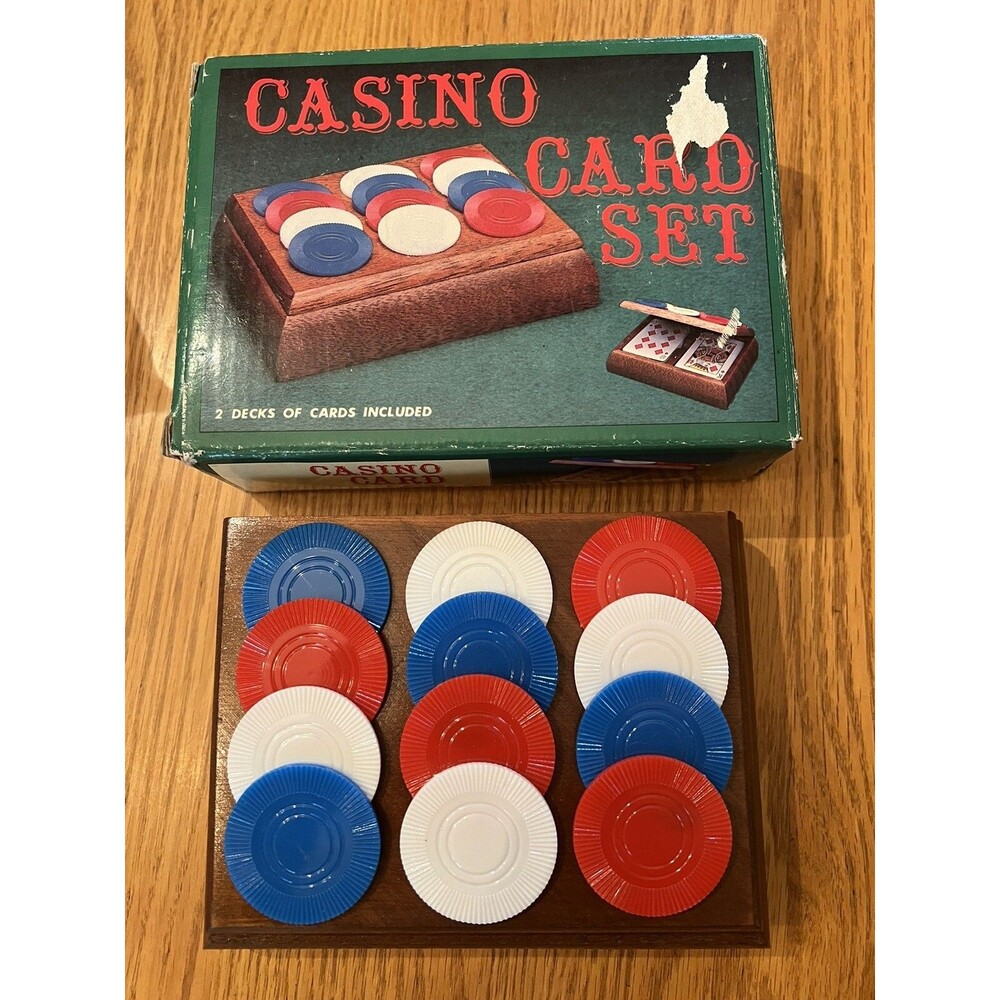 Casino Playing Card Set Two Decks Wooden Box Case With Poker Chips On Lid